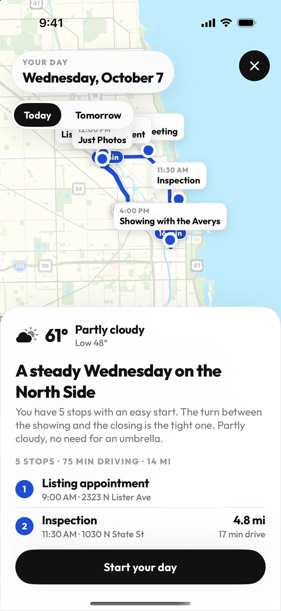 Plan my day: stops on a map with drive times