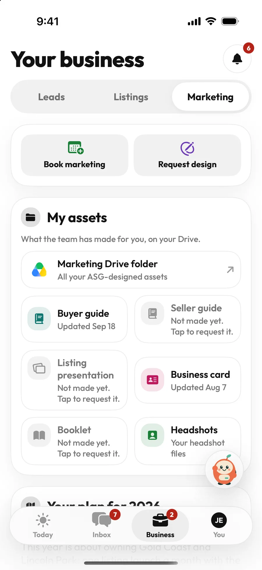 Marketing in the iPhone app: assets, the plan for the year, bookings and requests