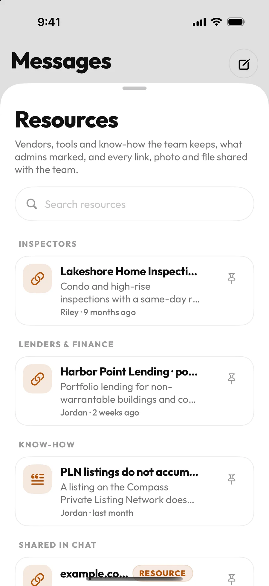 Resources shelves in the app