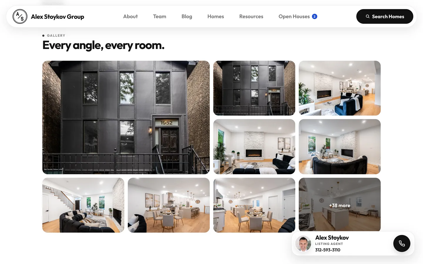 Gallery section of the listing site showing a grid of interior and exterior photos