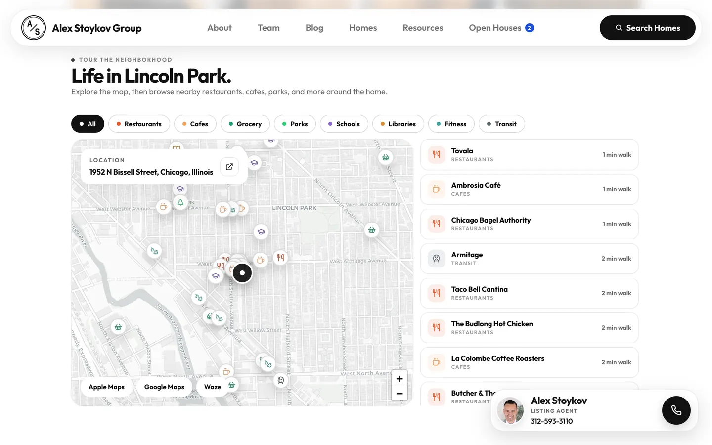 Neighborhood section showing an interactive map with nearby restaurants, cafes, parks, and transit listed by walking time