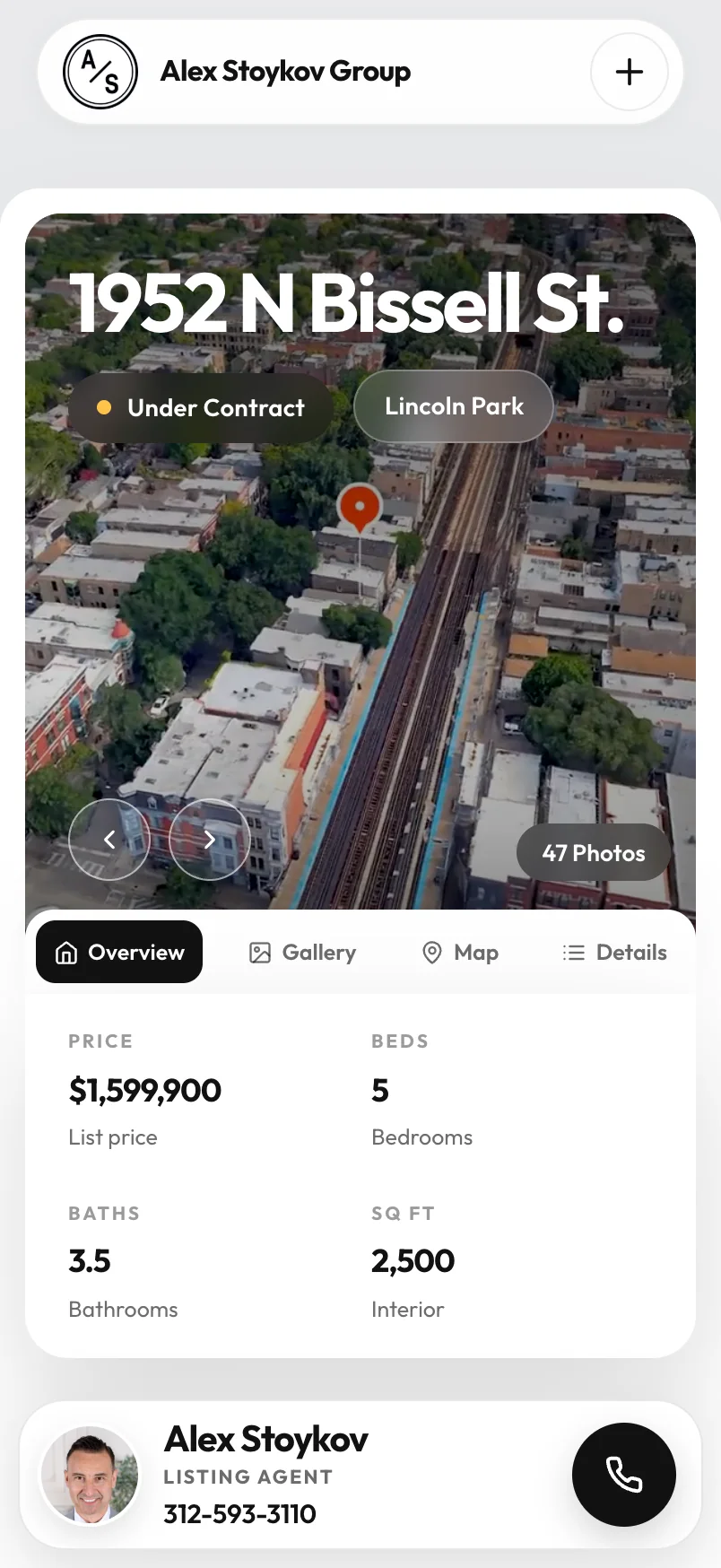 The same listing site on a phone: aerial hero photo, price, beds, baths, square footage, and the agent's contact bar