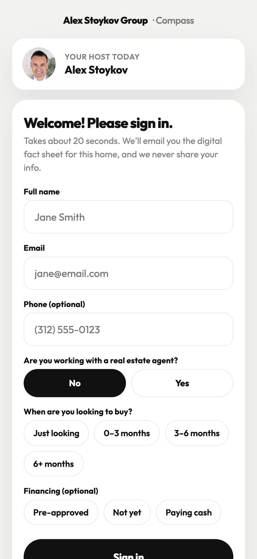 The open house sign-in page