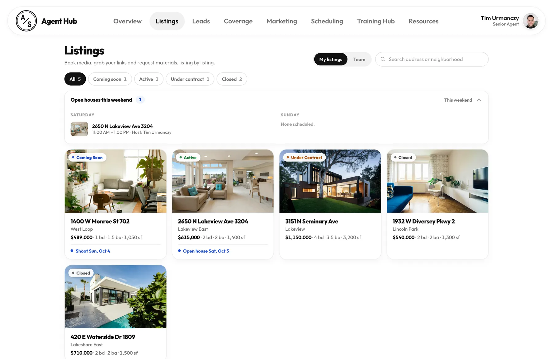 Listings with status chips and listing cards