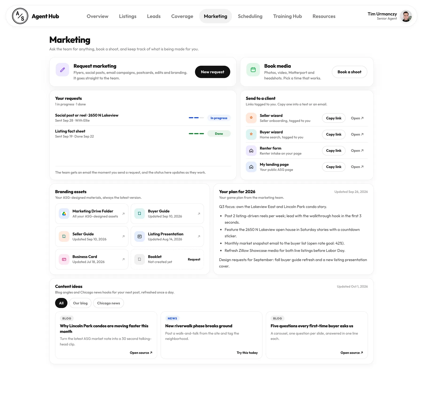 The Marketing page with Your requests, Send to a client links and Branding assets