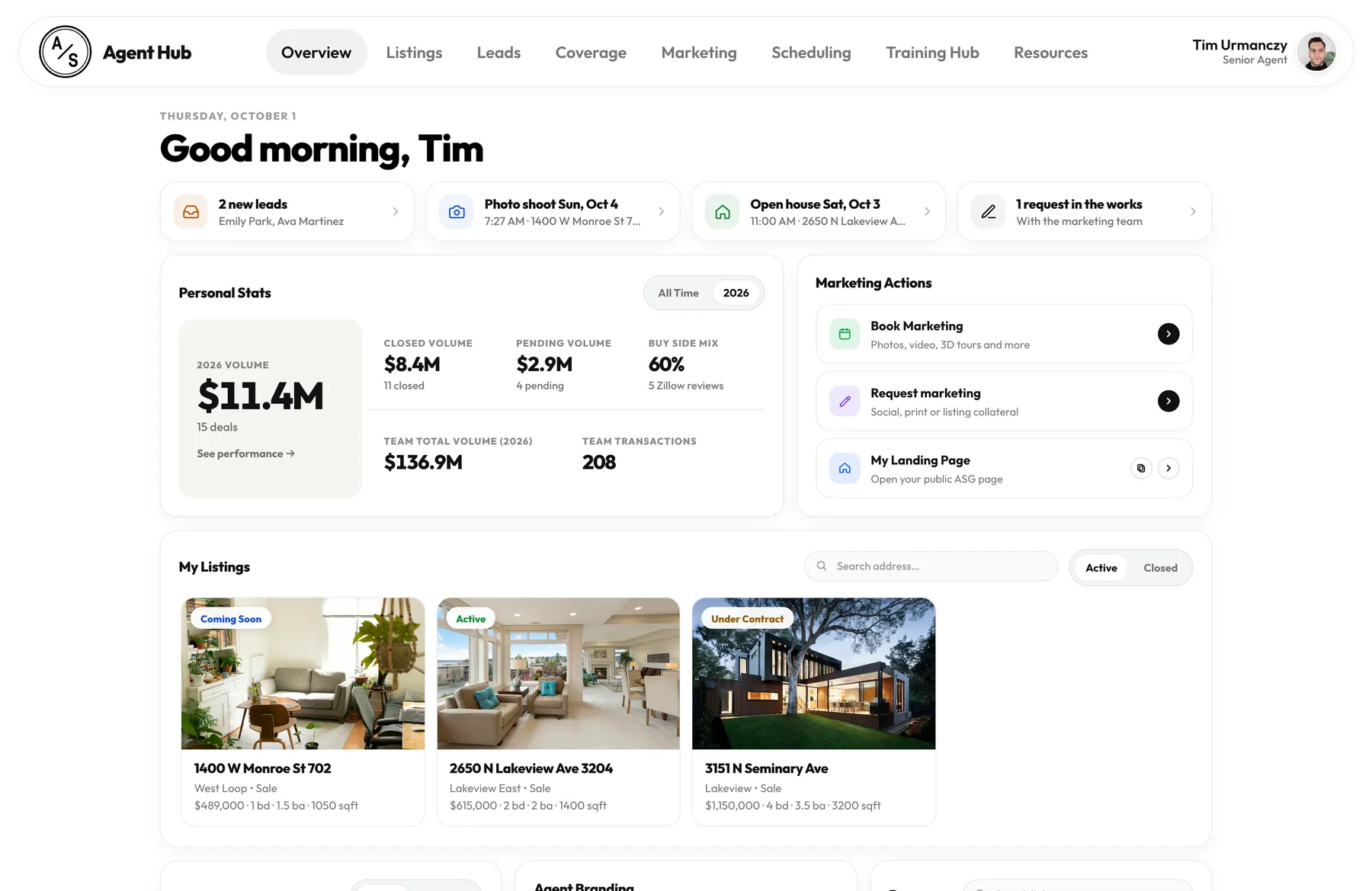 The Agent Hub Overview after sign-in, with a morning greeting, the Waiting on you strip, personal stats and marketing actions