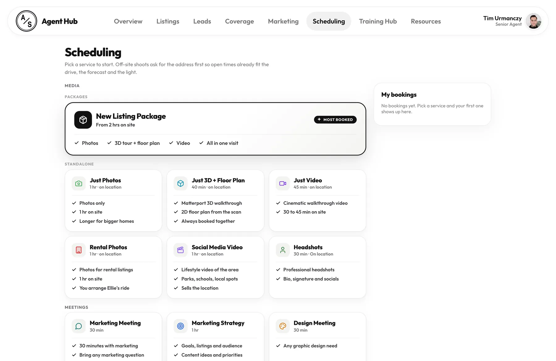 The Book a service catalog with packages and standalone services