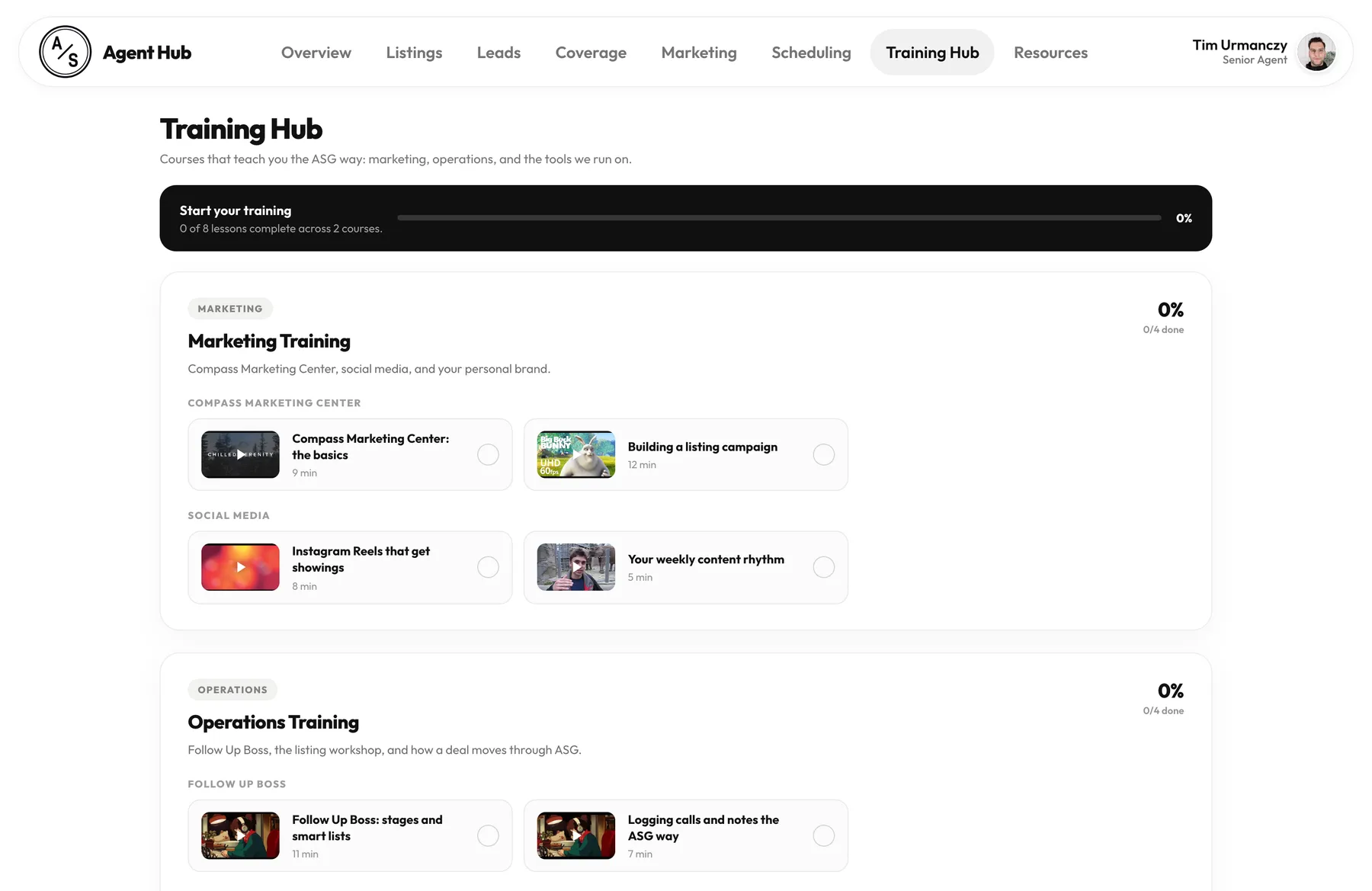 The Training Hub with course cards and progress